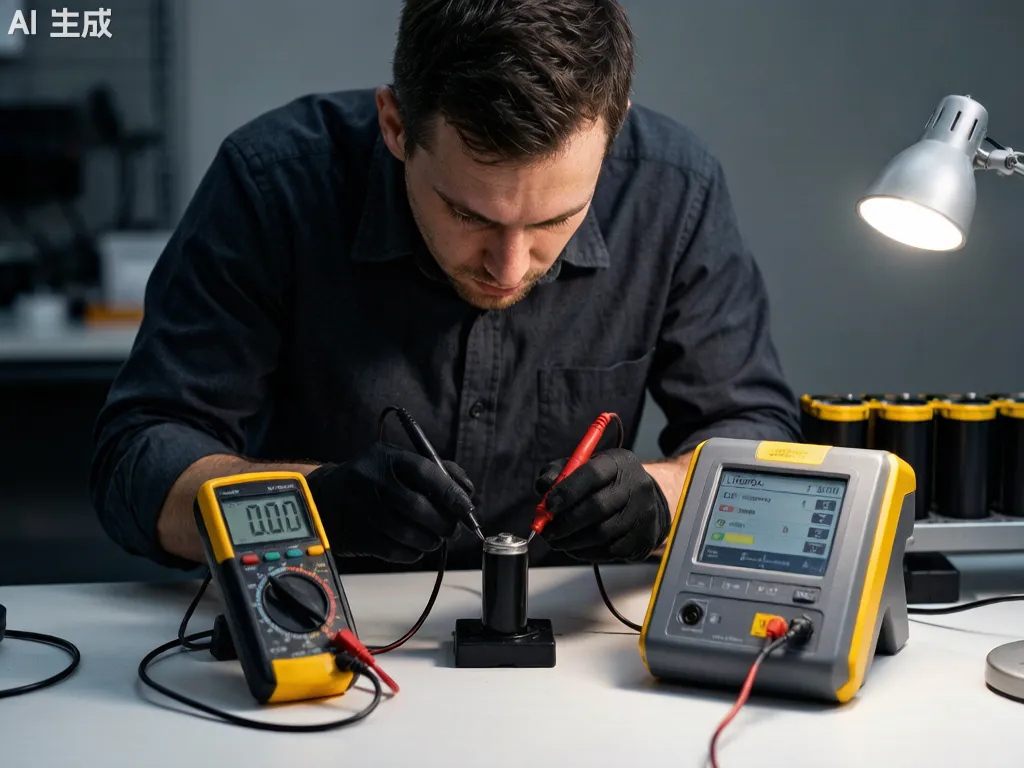 Technician testing a LiFePO4 cell with a battery analyzer to verify grade-A quality