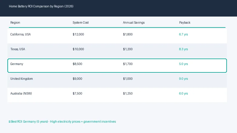 Home battery ROI comparison by region 2026 system cost annual savings and payback period table