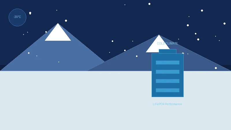 LiFePO4 battery performance in cold weather climates with snow mountain background