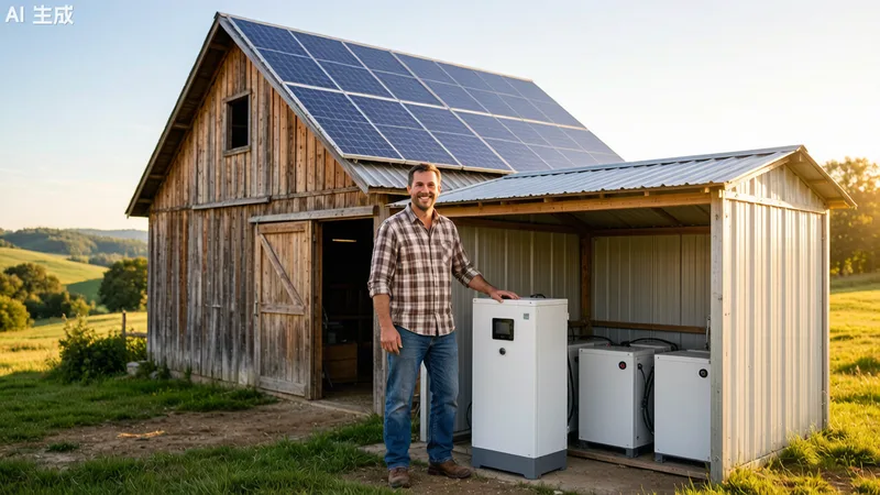 Small family farm with solar panels and LiFePO4 battery storage system