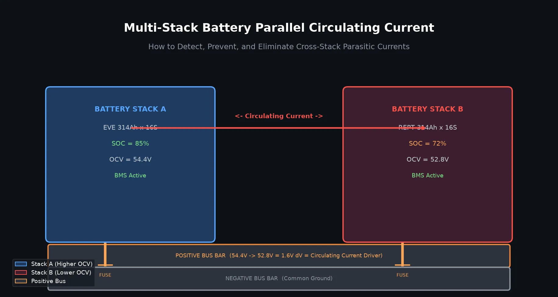 Multi-stack battery parallel connection diagram showing circulating current between two LiFePO4 stacks with different OCV levels