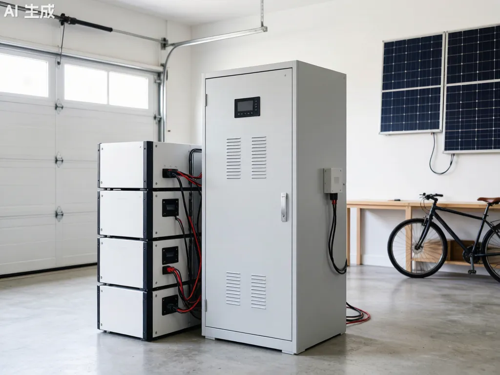 Neatly installed LiFePO4 home battery cabinet in a residential garage