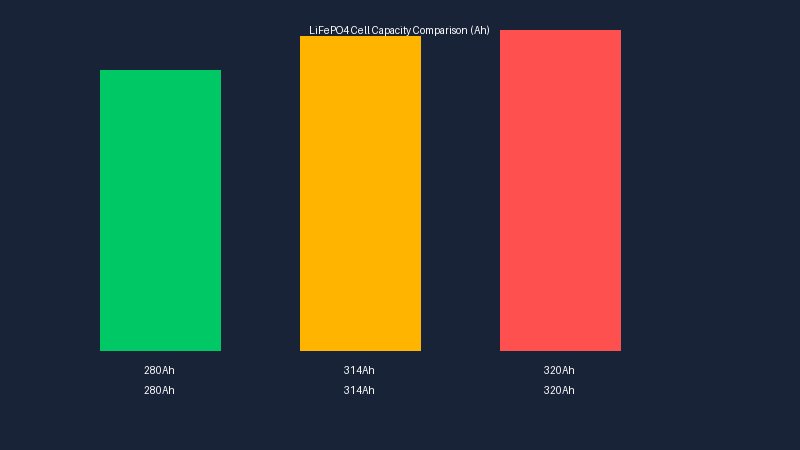 Bar chart comparing actual tested capacity of 280Ah vs 314Ah vs 320Ah LiFePO4 cells with real-world results