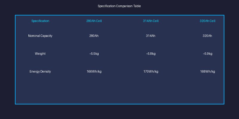 LiFePO4 cell specification comparison table: 280Ah vs 314Ah vs 320Ah with capacity, weight, energy density and cycle life data