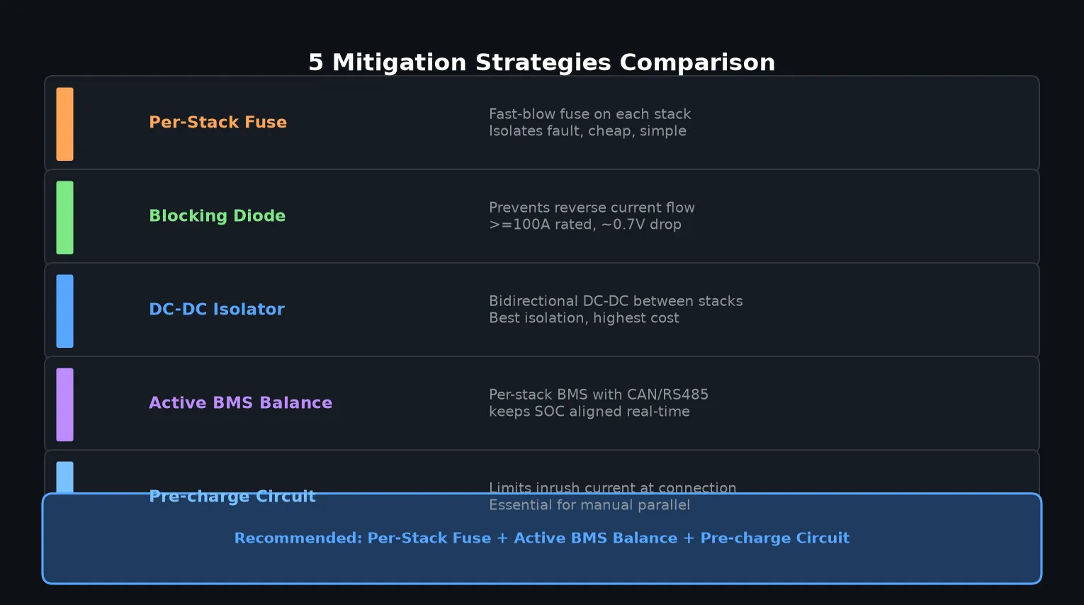 Five mitigation strategies for preventing parallel circulating current in multi-stack battery systems
