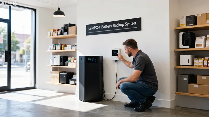 Retail shop with LiFePO4 battery backup system and energy monitor