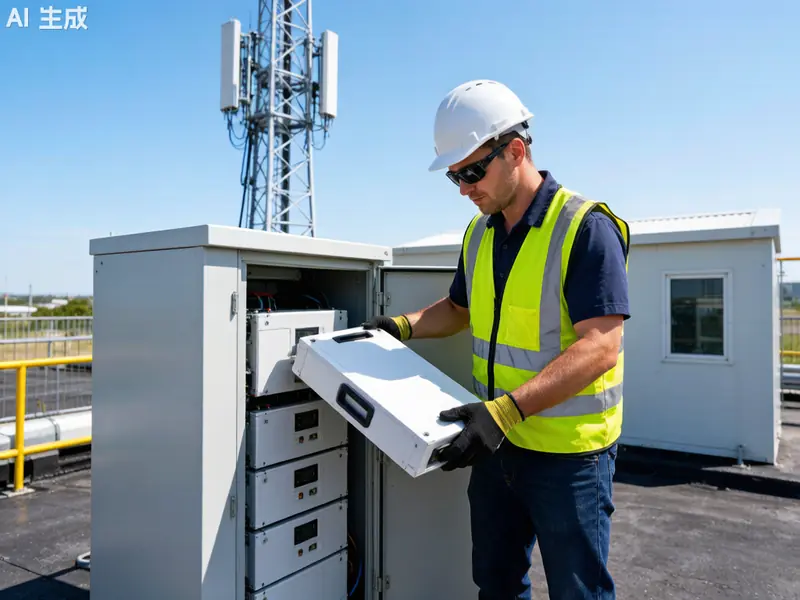Technician installing LiFePO4 battery at telecom base station