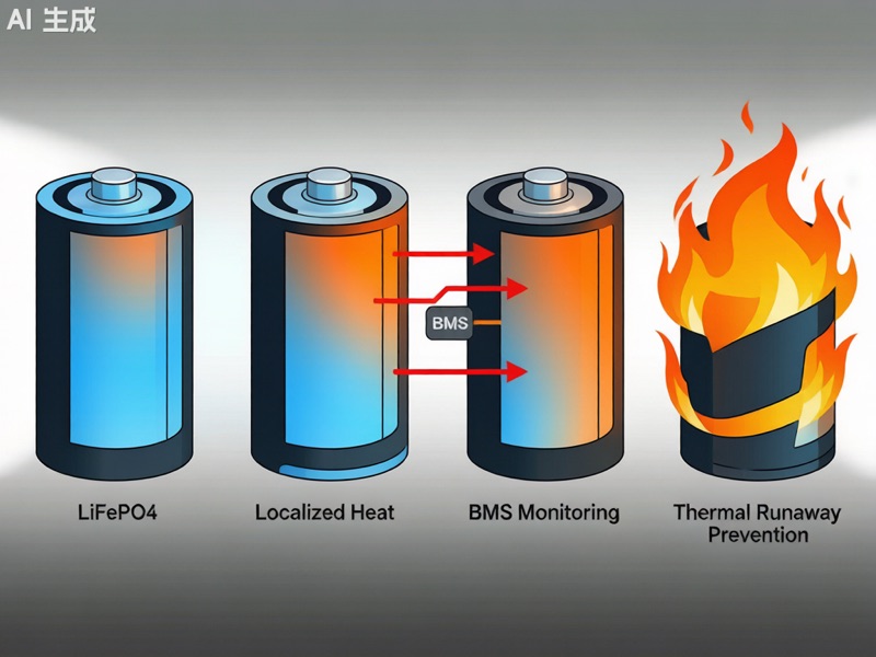 LiFePO4 battery thermal runaway prevention stages diagram showing BMS monitoring and safety layers
