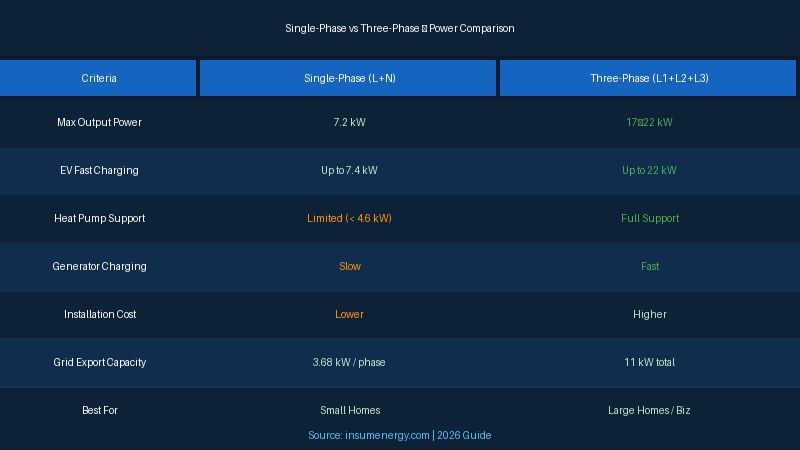 Single-phase vs three-phase home battery comparison table 2026