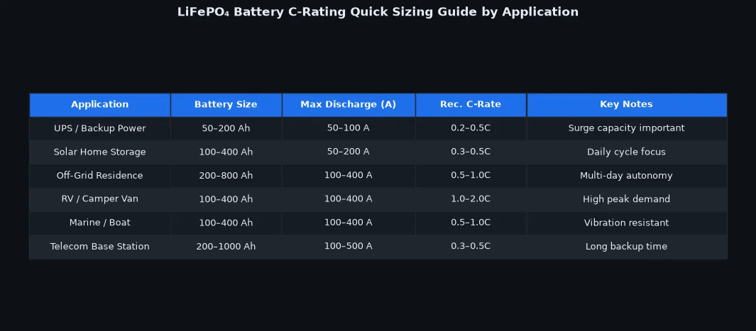 LiFePO4 C-Rating sizing guide table by application 2026
