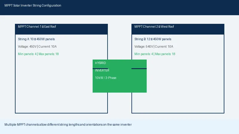 MPPT solar inverter string configuration showing multiple MPPT channels for east and west roof