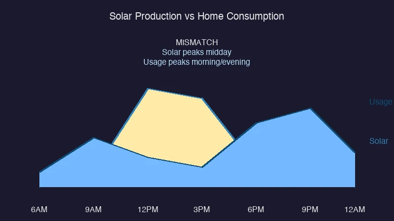 Chart showing mismatch between solar production peak and home consumption peak times