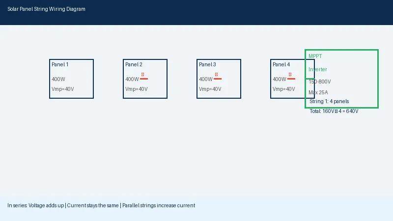 Solar panel string wiring diagram showing correct series and parallel connections
