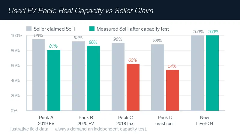 Used EV pack measured capacity vs seller claimed SoH chart