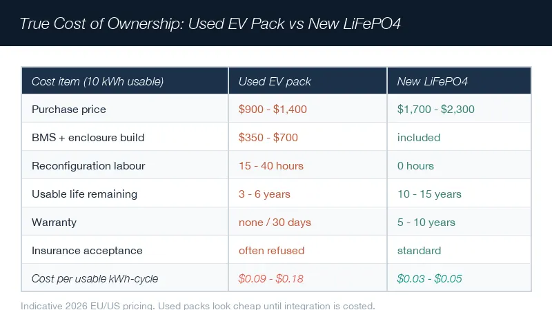 Used EV pack vs new LiFePO4 total cost of ownership comparison