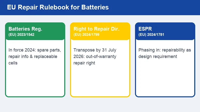 EU battery repair regulations timeline 2026: Batteries Regulation 2023/1542, Right to Repair Directive 2024/1799, ESPR 2024/1781