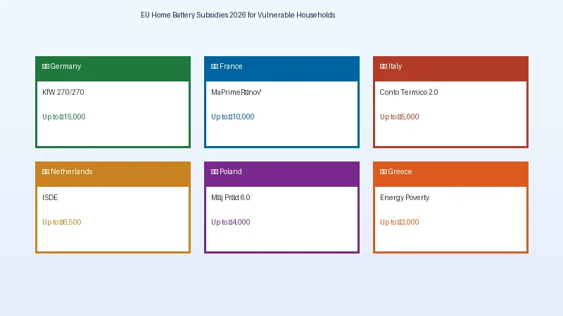 EU battery storage subsidy programs 2026 covering Germany KfW, France MaPrimeRénov, Italy Conto Termico, Netherlands ISDE