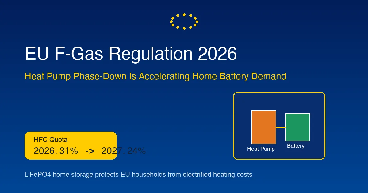 EU F-Gas Regulation 2026 Heat Pump Battery Storage - how the phase-down of HFC refrigerants drives LiFePO4 battery adoption across Europe