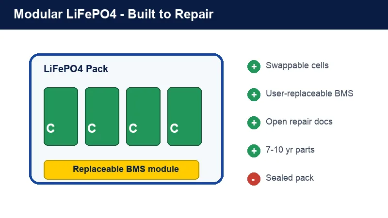 Modular LiFePO4 home battery designed for repair with replaceable BMS and swappable cells 2026