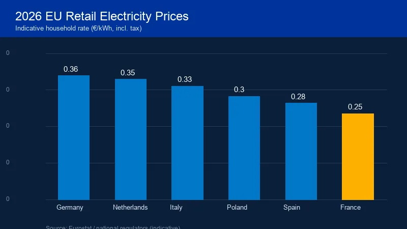 2026 EU retail electricity prices by country in euros per kWh