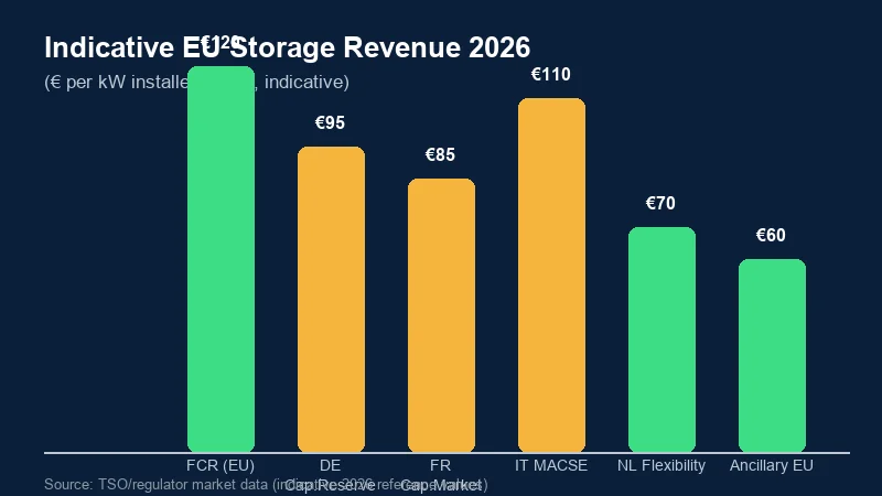 Indicative EU C&I battery storage revenue streams in 2026 euros per kW