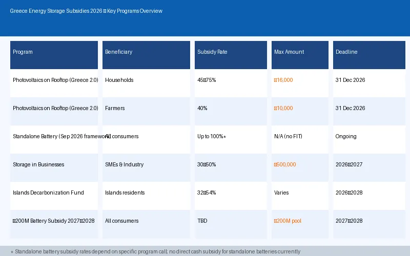 Greece energy storage subsidies 2026 key programs overview table