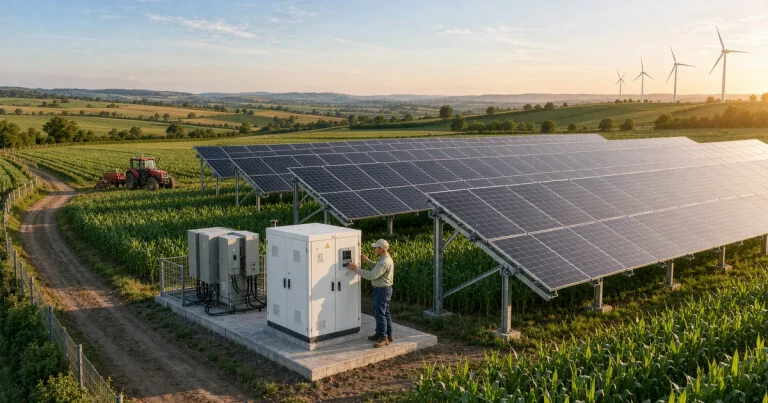 Elevated agrivoltaic solar array above crops with LiFePO4 battery storage cabinet on a European farm 2026