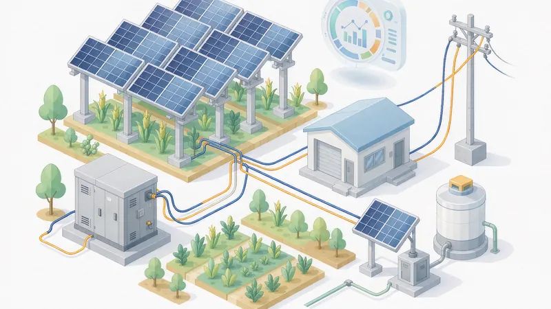 Isometric diagram of an agrivoltaic farm energy system with elevated solar panels, LiFePO4 battery cabinet, irrigation pump and cold storage, EU 2026