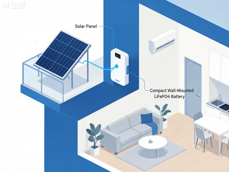 Balcony solar panel connected to compact LiFePO4 battery in European apartment