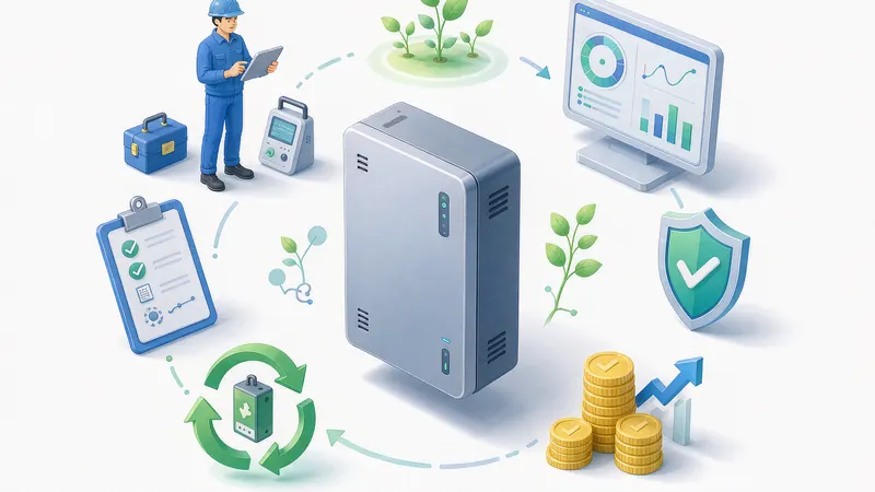 LiFePO4 battery storage operation and maintenance ecosystem with service, warranty, monitoring and recycling elements, EU 2026