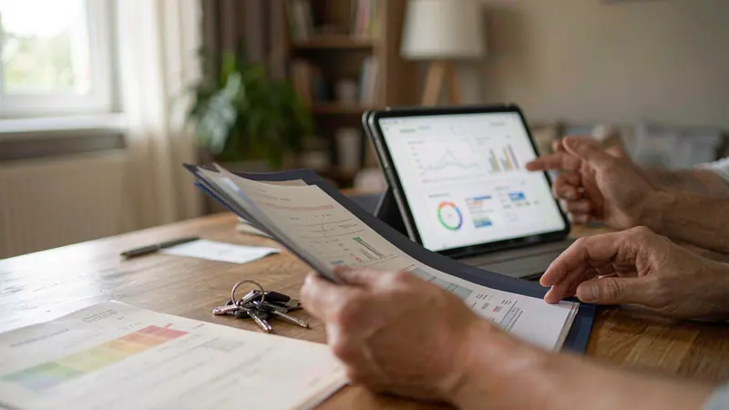 Homeowner and installer reviewing battery documentation during a European property viewing in 2026