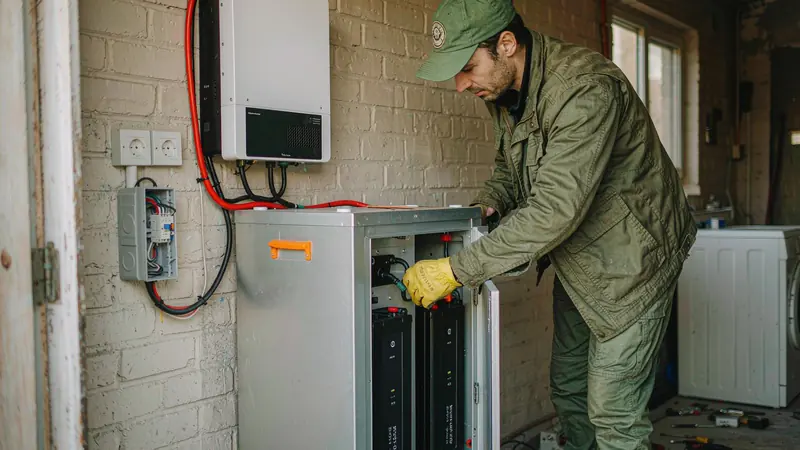 Installer commissioning an AC-coupled LiFePO4 battery retrofit next to a solar string inverter in a European home, 2026