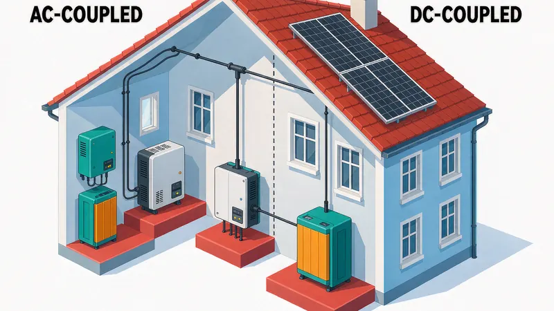 Diagram comparing AC-coupled and DC-coupled home battery storage systems with hybrid inverter and LiFePO4 battery, EU 2026
