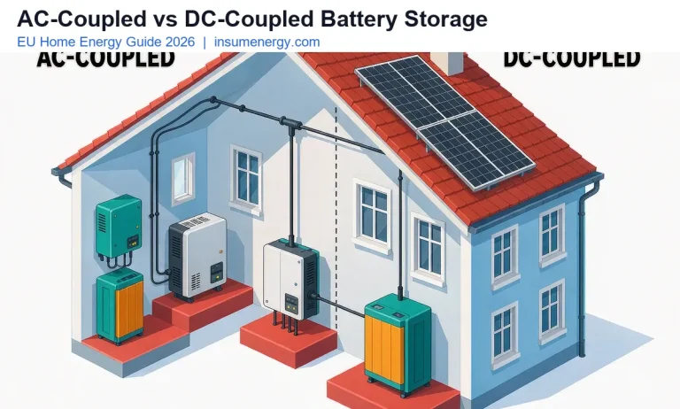AC-coupled vs DC-coupled battery storage guide 2026: diagram comparing home solar battery architectures in the EU