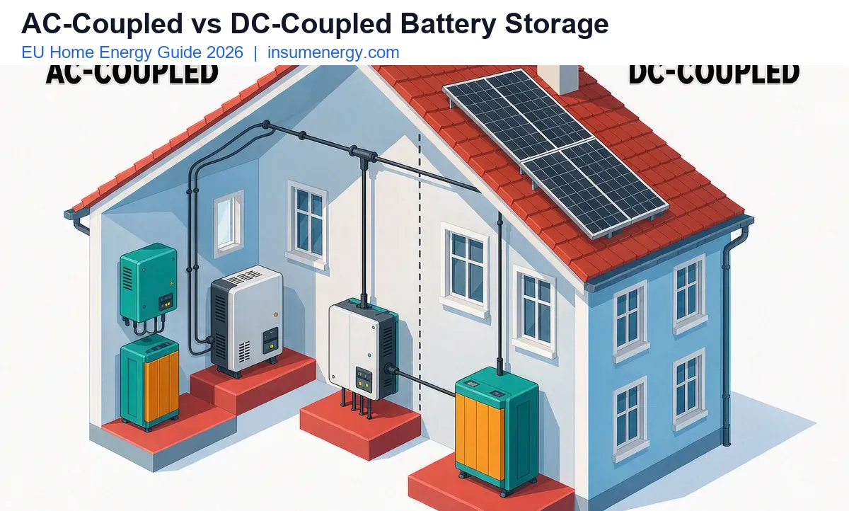 AC-coupled vs DC-coupled battery storage guide 2026: diagram comparing home solar battery architectures in the EU