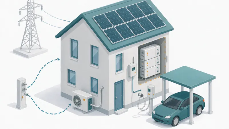 Isometric diagram of a European home with rooftop solar, LiFePO4 battery cabinet, heat pump, EV charger and smart meter linked to a controllable low-voltage grid connection 2026