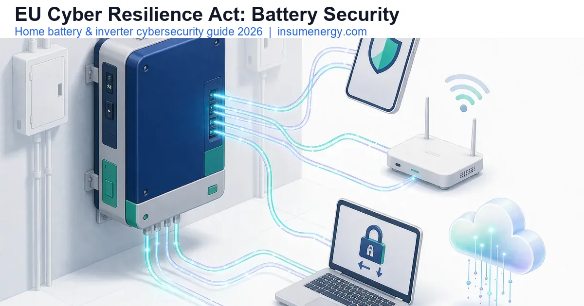 EU Cyber Resilience Act home battery security guide 2026: isometric diagram of a connected wall-mounted battery linked to cloud, app and router