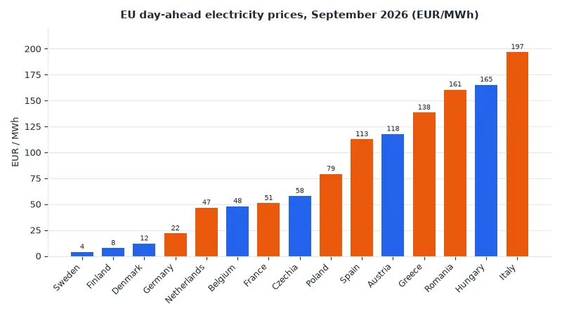 EU day-ahead electricity prices September 2026 by country in EUR per MWh