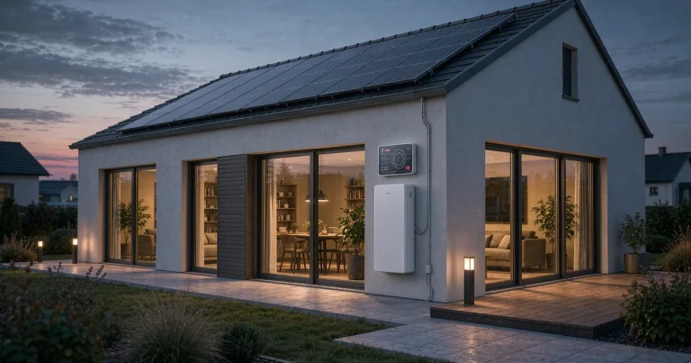 EU electricity market design reform 2026 - European home with rooftop solar and wall-mounted LiFePO4 battery at dusk