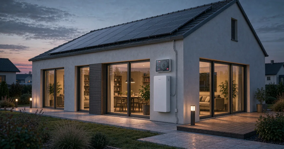 EU electricity market design reform 2026 - European home with rooftop solar and wall-mounted LiFePO4 battery at dusk