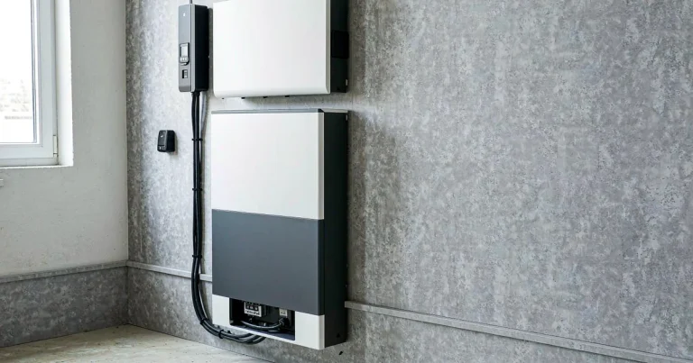 Wall-mounted LiFePO4 home battery cabinet next to a smart electricity meter in a European utility room 2026