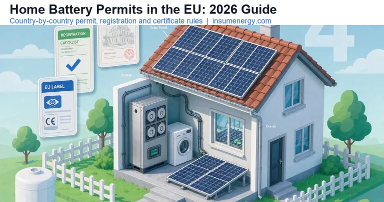 EU home battery permit rules 2026: isometric illustration of a European home with LiFePO4 battery, solar panels, building permit and registration documents