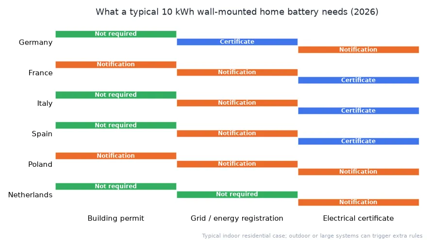 Chart comparing home battery building permit, registration and certificate requirements across six EU countries in 2026