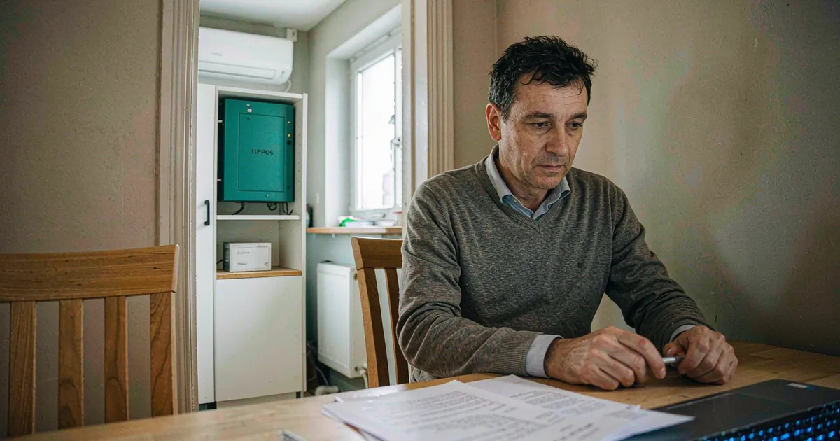 European homeowner reviewing a home battery installation invoice for LiFePO4 storage tax deduction in 2026