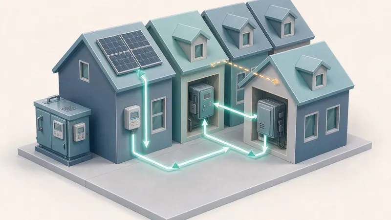 Isometric diagram of a European neighbourhood sharing solar electricity peer-to-peer between homes with home batteries 2026