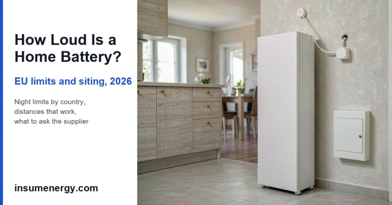 Home battery noise EU 2026: wall-mounted LiFePO4 battery sited in a European utility room