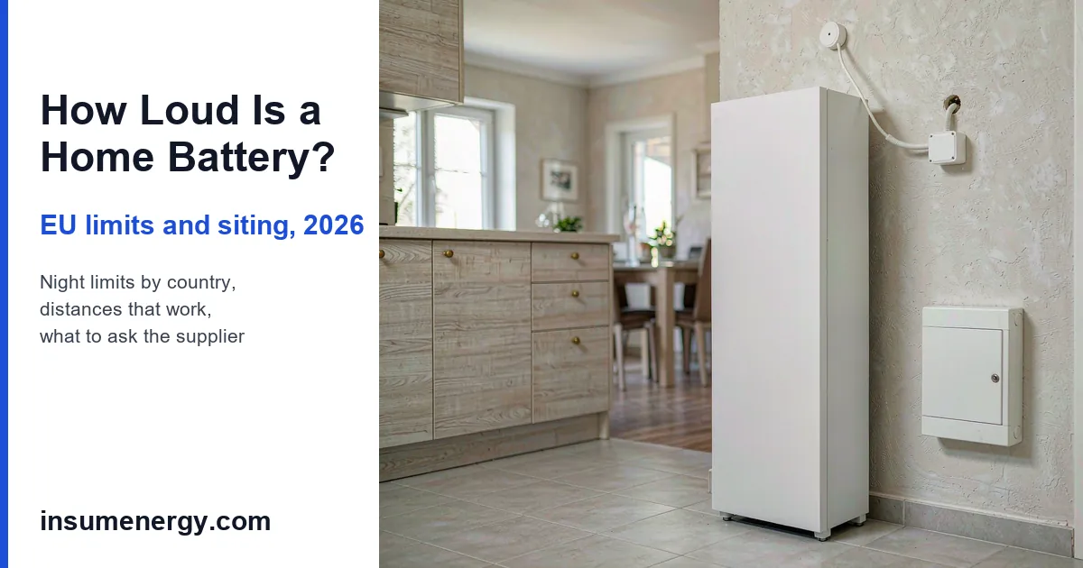 Home battery noise EU 2026: wall-mounted LiFePO4 battery sited in a European utility room