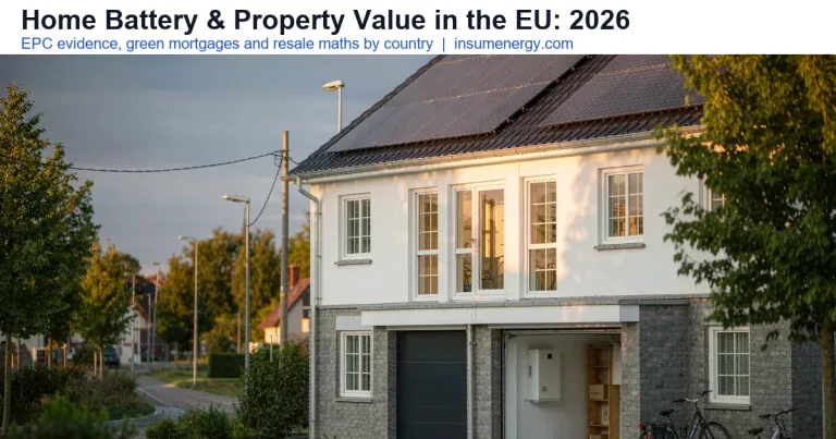 European home with rooftop solar and a LiFePO4 home battery, illustrating property value in the EU 2026