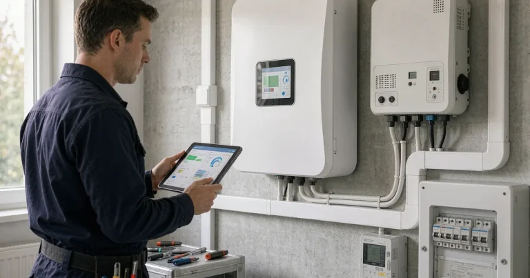 Service installer checking a wall-mounted LiFePO4 home battery storage system with tablet in EU home 2026
