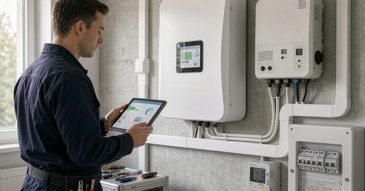 Service installer checking a wall-mounted LiFePO4 home battery storage system with tablet in EU home 2026